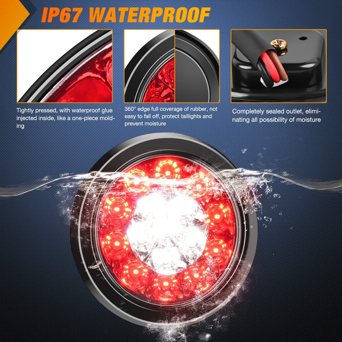 2PCS 4" Round Red White LED Trailer Tail Lights 16LEDs w/Flush Mount Grommets IP67 Waterproof Stop Brake Running Reverse