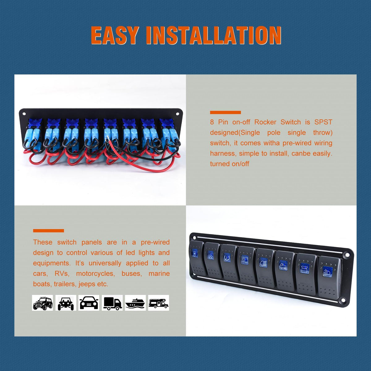 Rocker Switch Panel 8 Gang Aluminum Waterproof Toggle Switch Panel, On-Off Car Boat Switch, Pre-Wired Switch Panel