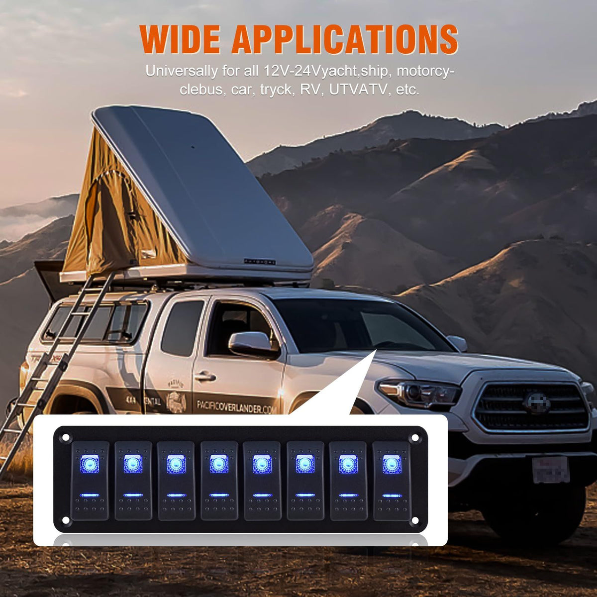 Rocker Switch Panel 8 Gang Aluminum Waterproof Toggle Switch Panel, On-Off Car Boat Switch, Pre-Wired Switch Panel