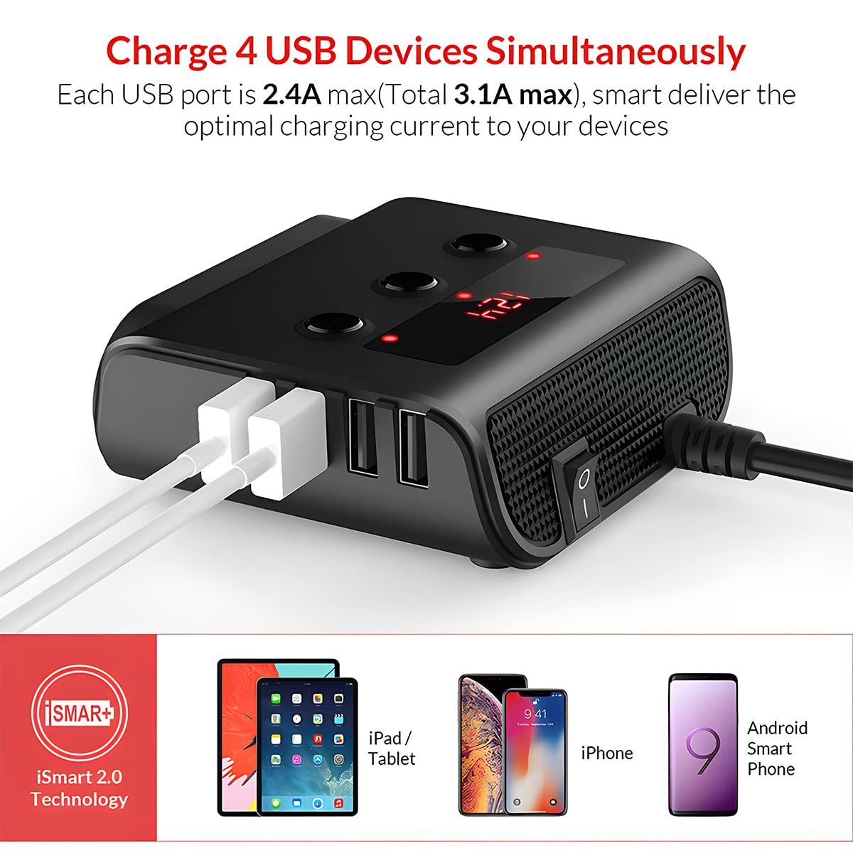 Car Cigarette Lighter Adapter,4 USB Socket Splitter Car Chargers,LED Voltage Display On/Off Switches,Automotive Cigarette Lighter
