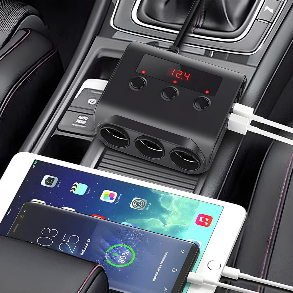 Car Cigarette Lighter Adapter,4 USB Socket Splitter Car Chargers,LED Voltage Display On/Off Switches,Automotive Cigarette Lighter