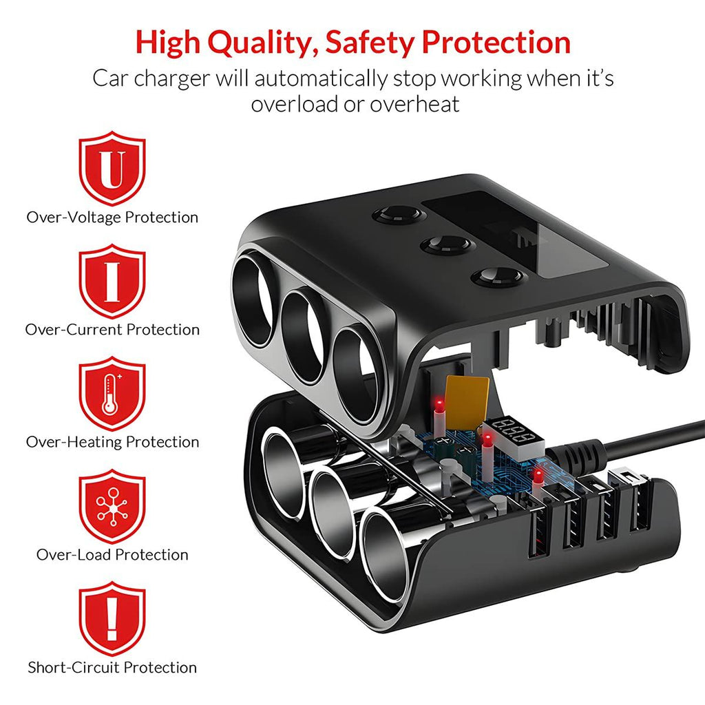 Car Cigarette Lighter Adapter,4 USB Socket Splitter Car Chargers,LED Voltage Display On/Off Switches,Automotive Cigarette Lighter