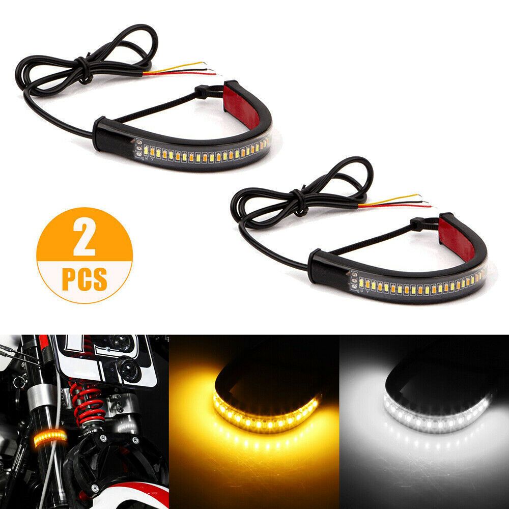Motorcycle Daytime Running Light with Fork Turn Signals Blinkers Strip, Switchback White & Sequential Amber Light Adjustable（2pcs）