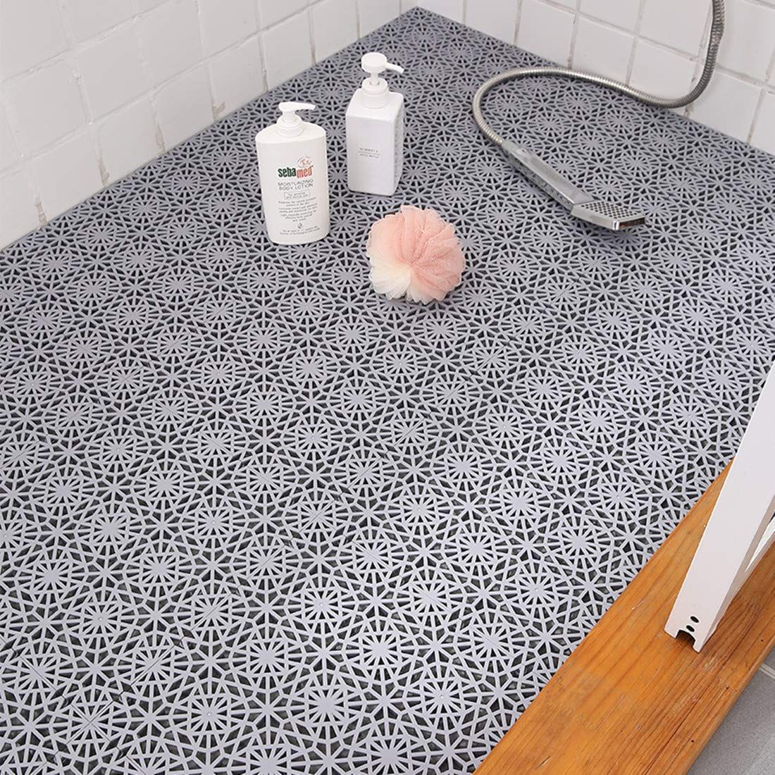 6 Pack Interlocking Non-Slip Tile Drainage Mat for Drain Pool Kitchen Deck Patio Boat Snowflake Shape (Gray)