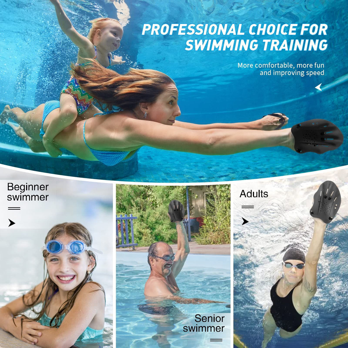 Swim Paddles Hand, Swim Paddles for Lap Swimming - Swim Hand Paddles with Adjustable Straps, Swimming Equipment (1 Pair)
