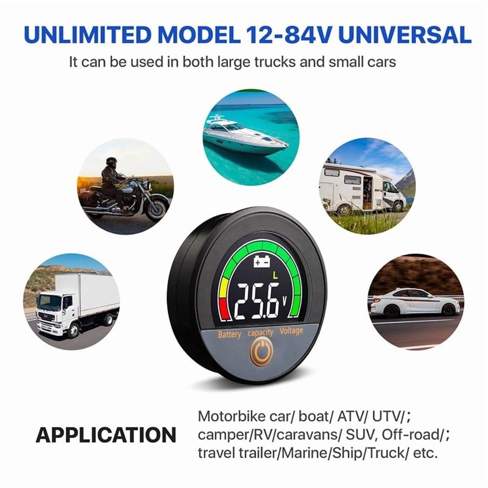 12V 24V 48V 60V 84V Waterproof IP67 Battery Capacity Voltage Meter with Backlight LCD and Low-Voltage Alarm for Lithium