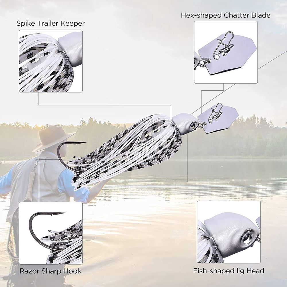 6 Pieces Fishing Lures,Baits Spinner Swim Flipping Bladed Jigs ,Chatter Fish Bait for Salmon Pike Trout Swing Trailers