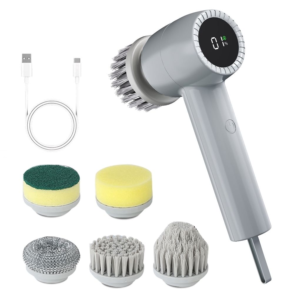 Electric Spin Scrubber Cordless Power Scrubber with 5 Replaceable Brush Heads LCD Shower Cleaning Brush for Bathroom Car White