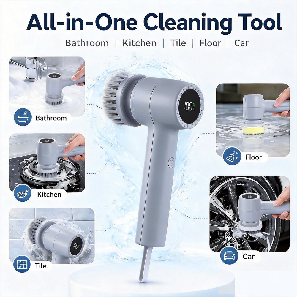 Electric Spin Scrubber Cordless Power Scrubber with 5 Replaceable Brush Heads LCD Shower Cleaning Brush for Bathroom Car White