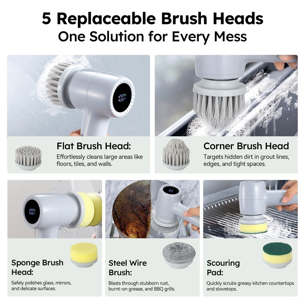 Electric Spin Scrubber Cordless Power Scrubber with 5 Replaceable Brush Heads LCD Shower Cleaning Brush for Bathroom Car White