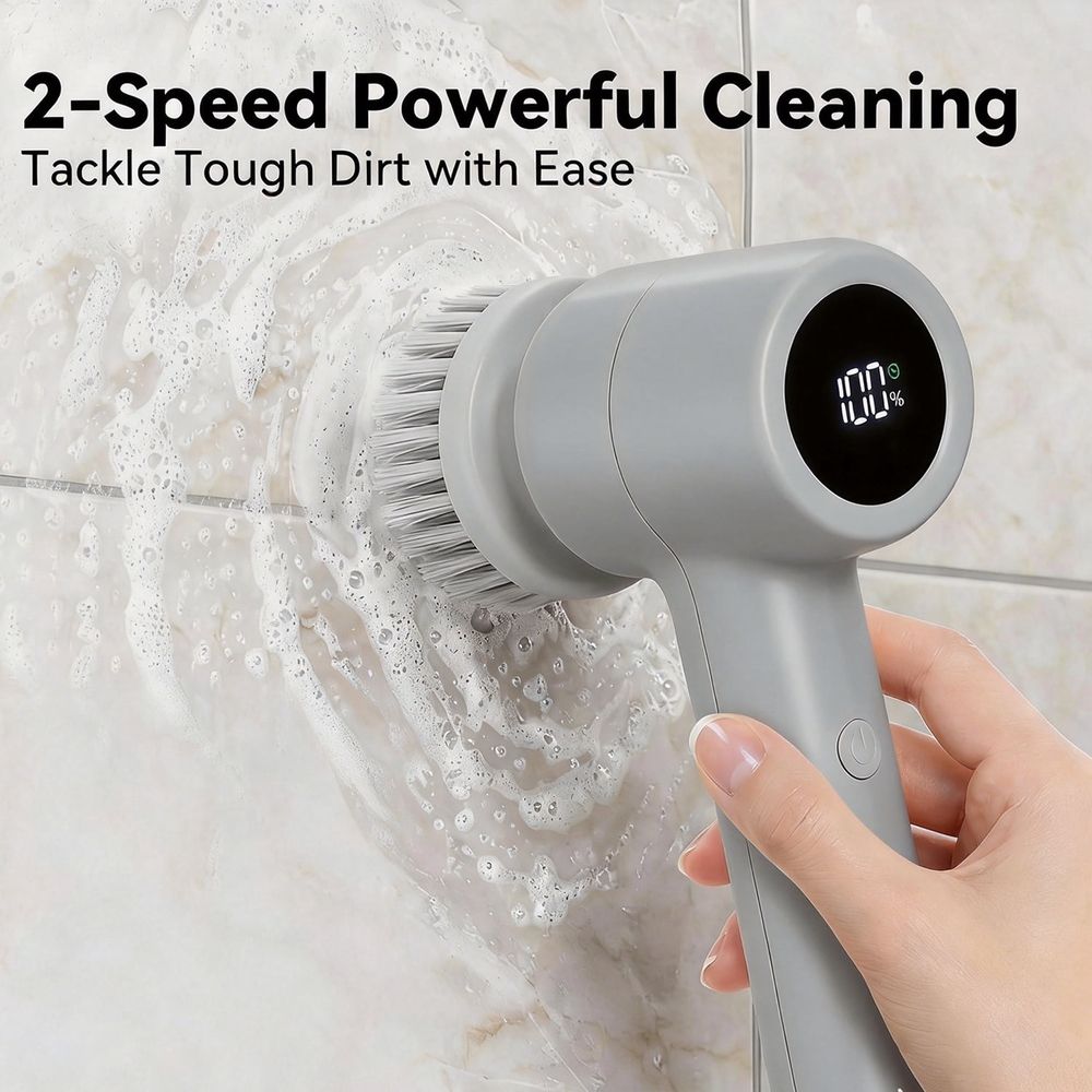 Electric Spin Scrubber Cordless Power Scrubber with 5 Replaceable Brush Heads LCD Shower Cleaning Brush for Bathroom Car White
