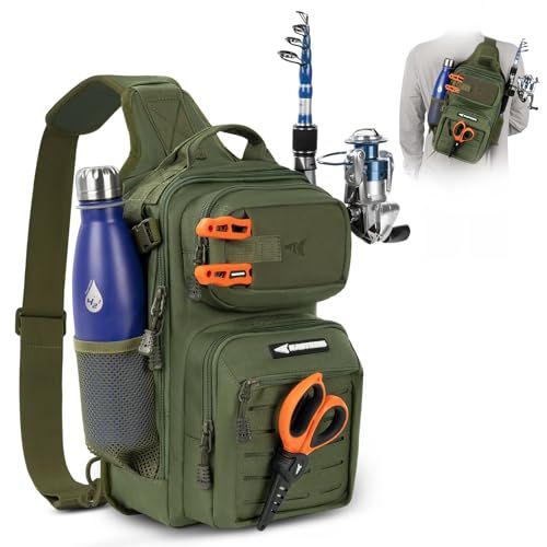 Fishing Sling Bag for Anglers, Perfect for Remote Fishing Adventures, Hiking, Kayaking (Olive Green)