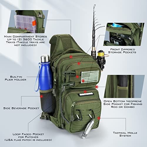 Fishing Sling Bag for Anglers, Perfect for Remote Fishing Adventures, Hiking, Kayaking (Olive Green)