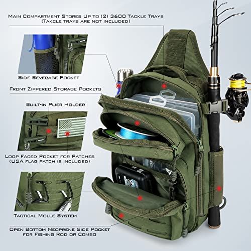 Fishing Sling Bag for Anglers, Perfect for Remote Fishing Adventures, Hiking, Kayaking (Olive Green)