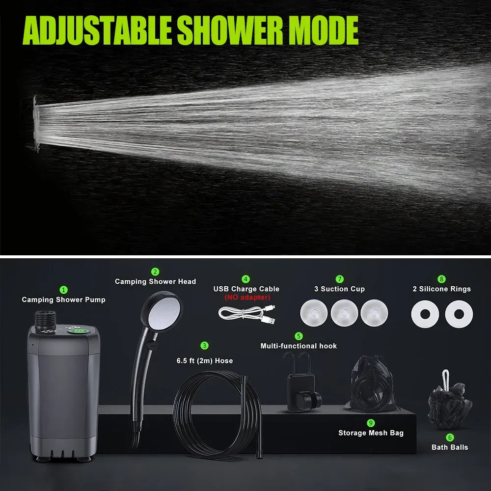 Portable Black Camping Shower with 6000mAh Rechargeable Battery and LED Display