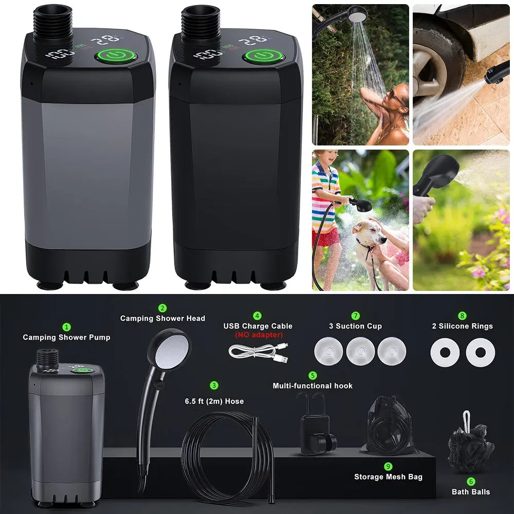 Portable Black Camping Shower with 6000mAh Rechargeable Battery and LED Display