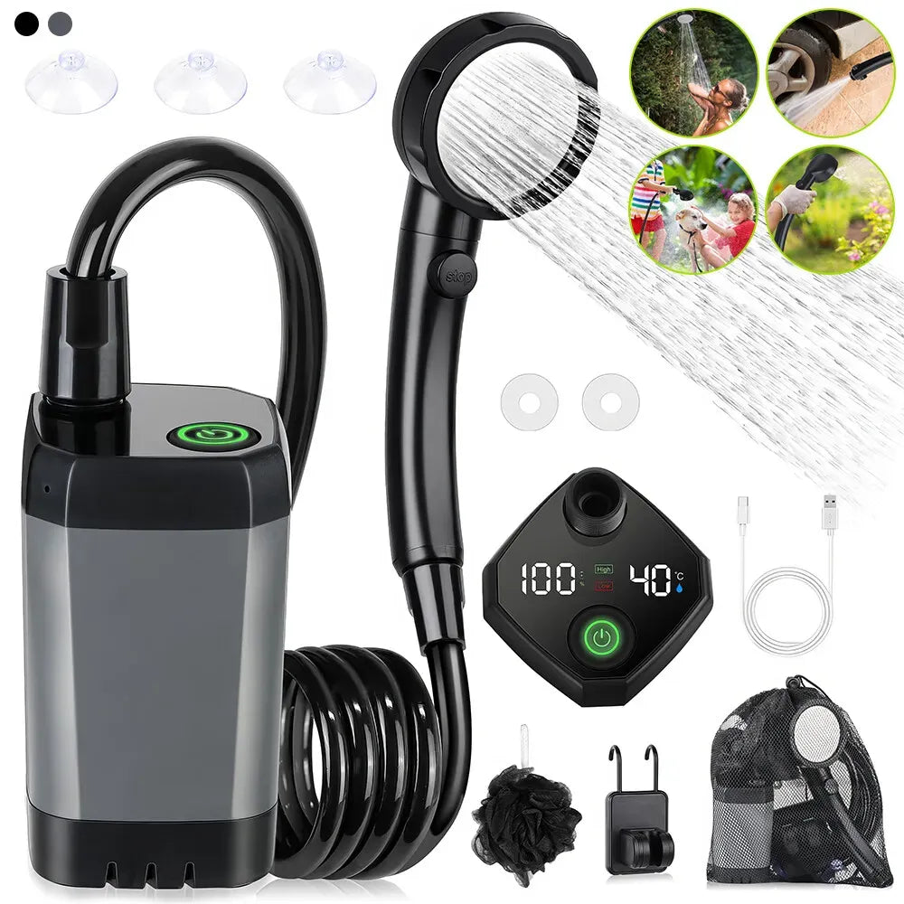 Portable Camping Shower, 6000mAh Rechargeable Grey Shower Pump with LED Display
