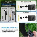 Mini Electric Bike Tyre Pump Black 150 PSI with Digital Gauge for Presta and Schrader Valves