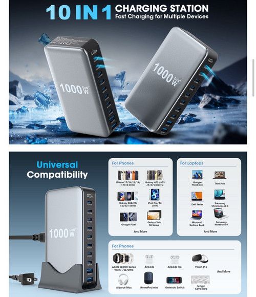 1000W GaN Fast Charging Station 10Ports USB&Type-C for iPhone, Laptops, MacBook