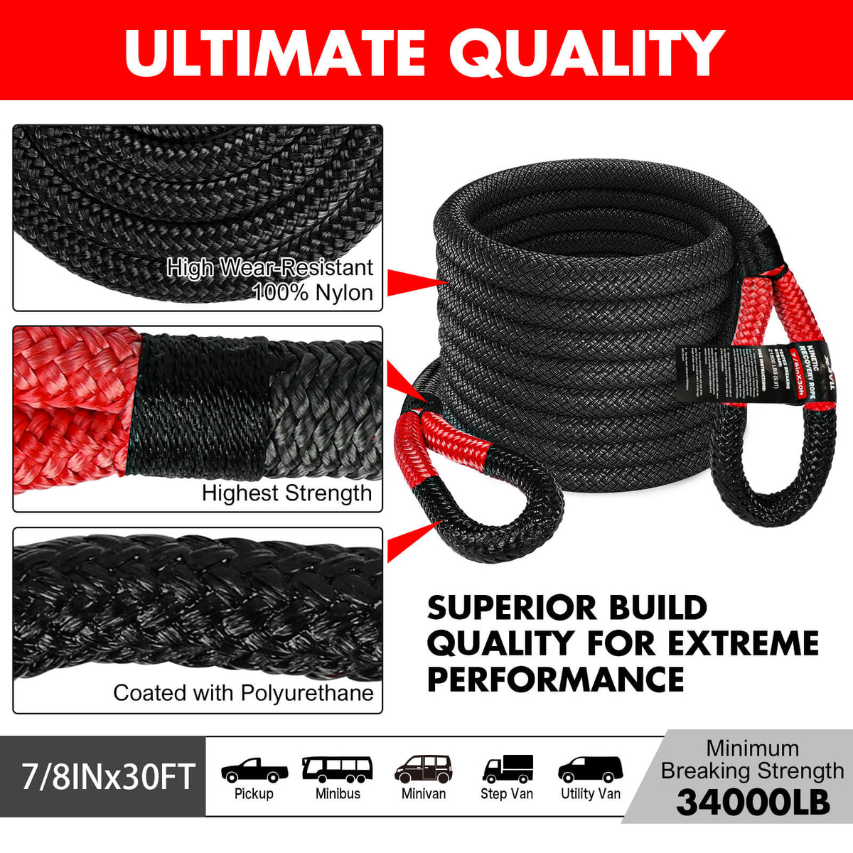 X-BULL Snatch Strap Soft Shackles Kinetic Recovery Rope Folding Shovel Survival