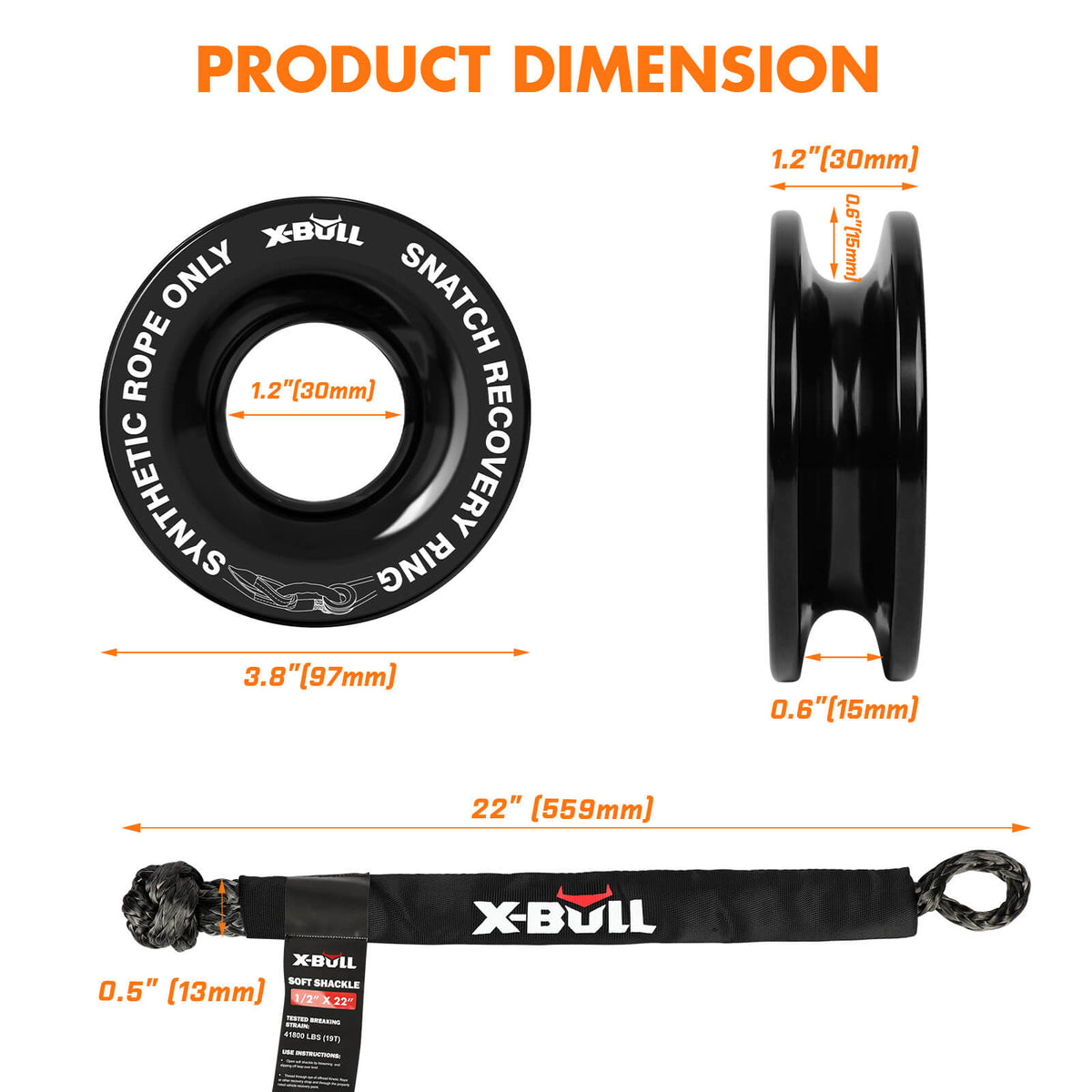 X-BULL 4WD Recovery Kit Snatch Strap Soft Shackles Folding Shovel Survival 4X4