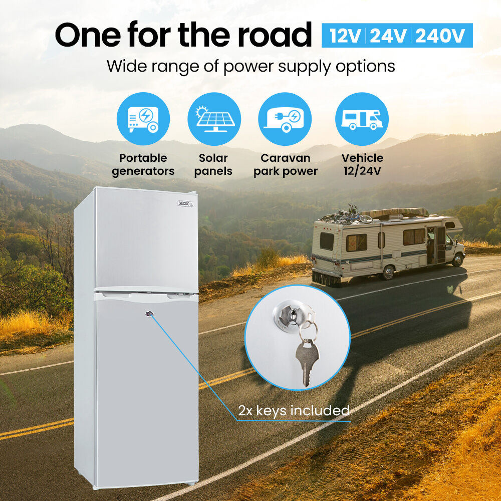 GECKO 142L Upright Portable Fridge / Freezer, 12V/24V for Motorhome and Caravan, Silver