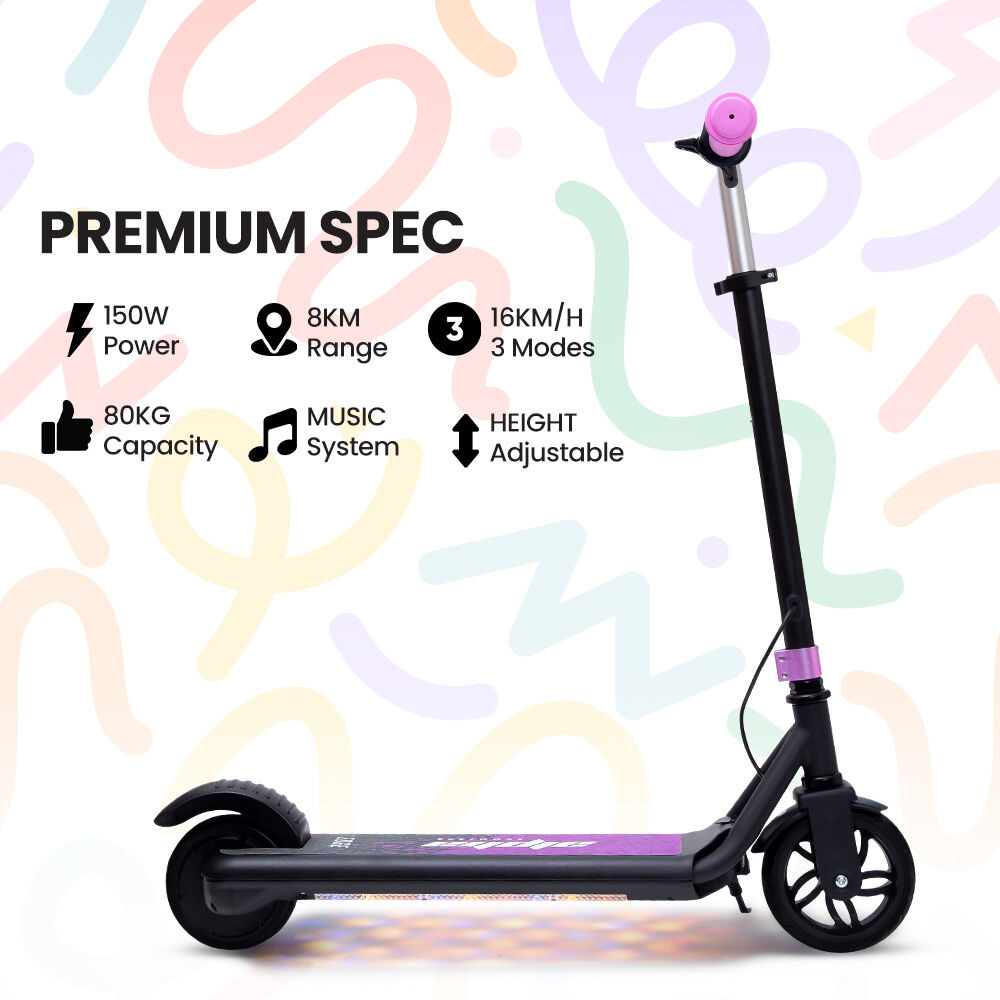 ALPHA Edge Electric Scooter Kids/Teens, 16km/h Max, Adjustable Height, UL Certified, AU Compliant, Dual Brakes, Bluetooth Music, LED, Pink