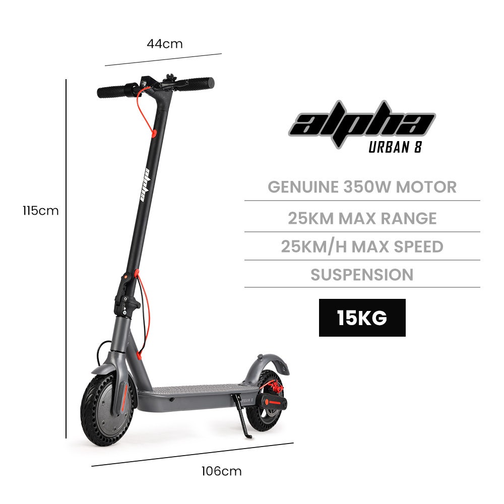 ALPHA Urban 8 Electric Scooter, AU Compliant, Suspension, 25km Range, 8.5-Inch Wheels, Brushless Motor, Motorised Commuter eScooter for Adults, Grey