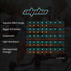 ALPHA Urban 8 Electric Scooter, AU Compliant, Suspension, 25km Range, 8.5-Inch Wheels, Brushless Motor, Motorised Commuter eScooter for Adults, Black