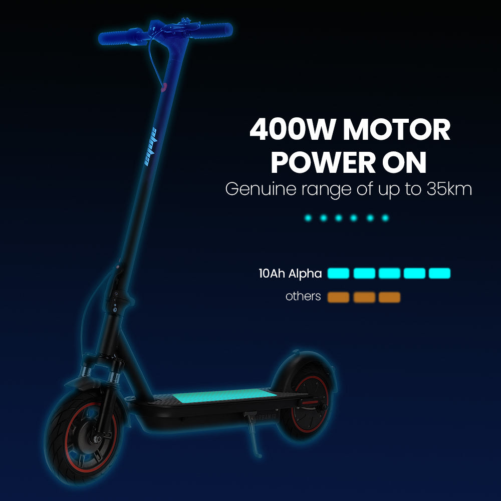 ALPHA Urban 10 Electric Scooter, AU Compliant, 35km/h, Suspension, 35km Range, 10-Inch Wheels, Brushless Motor, Free APP, Motorised Commuter eScooter for Adults, Black