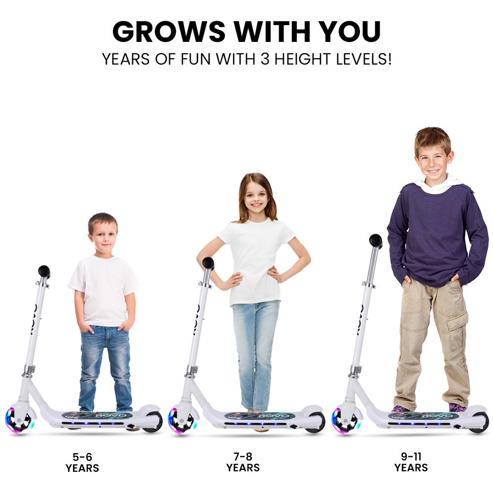ROVO KIDS WhizKid Electric Scooter, Ages 5-11, Adjustable Height, AU Compliant, Lithium Battery, Brushless Motor, White