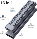 ACASIS HS-716MG USB 3.2 Gen2 10Gbps 12V/8A 16 Port USB-A + On/Off Switch with AC Power Adapter for PC & Laptop