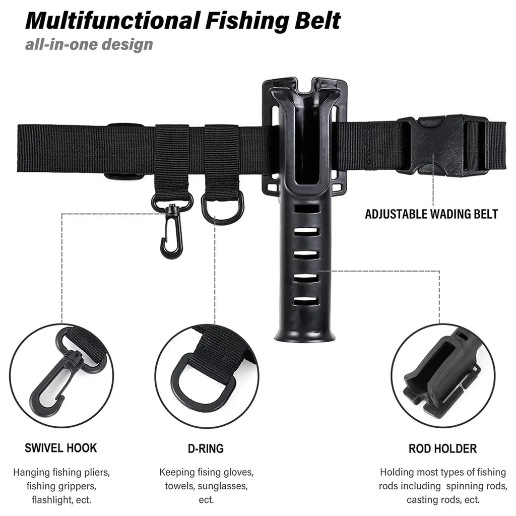 Fishing Wading Belt Rod Holder Adjustable Wader Fishing Waist Belt Fly Fishing - Black