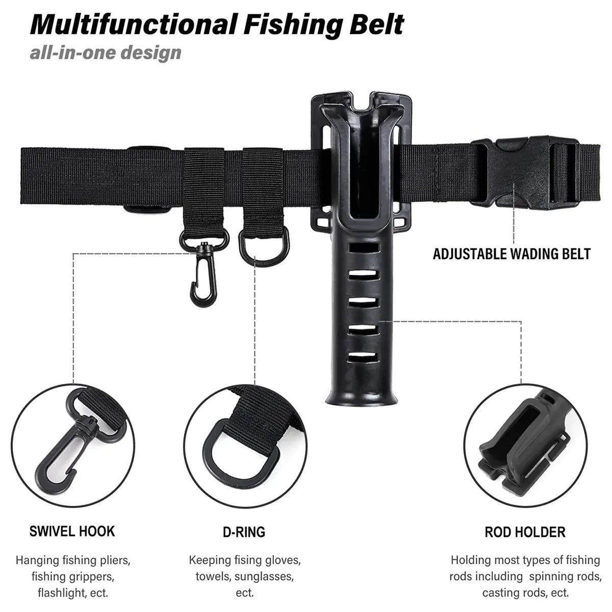 Fishing Wading Belt Rod Holder Adjustable Wader Fishing Waist Belt Fly Fishing - Black