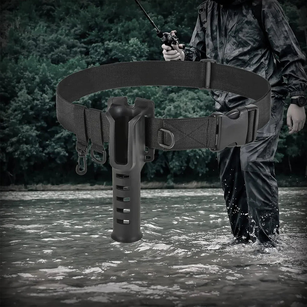 Fishing Wading Belt Rod Holder Adjustable Wader Fishing Waist Belt Fly Fishing - Black