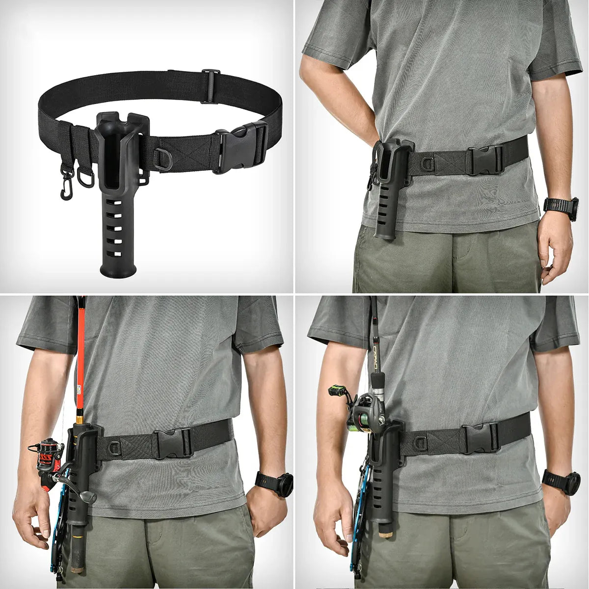 Fishing Wading Belt Rod Holder Adjustable Wader Fishing Waist Belt Fly Fishing - Black