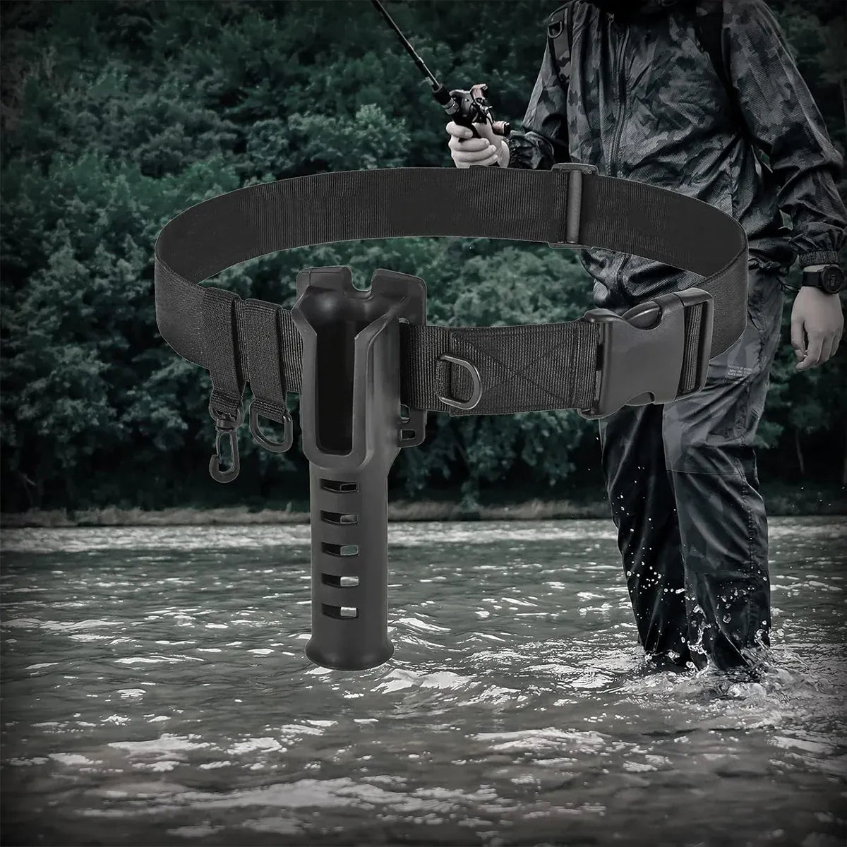 Fishing Wading Belt Rod Holder Adjustable Wader Fishing Waist Belt Fly Fishing - Khaki