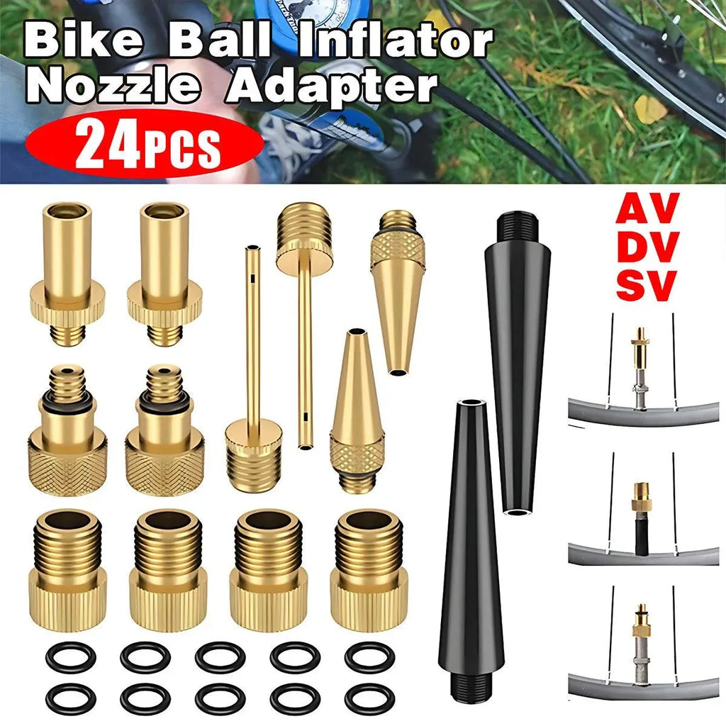24PCS Bike Valve Adapter Kit Brass Pump Nozzles for Presta AV DV SV Ball Inflator