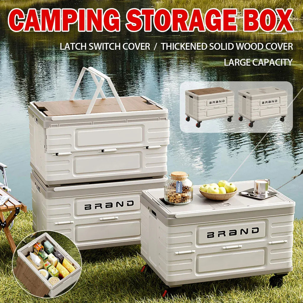 Camping Foldable Storage Box Latch or Wooden Lid Car Boot Tent Outdoor Organiser - Thickened solid wood cover