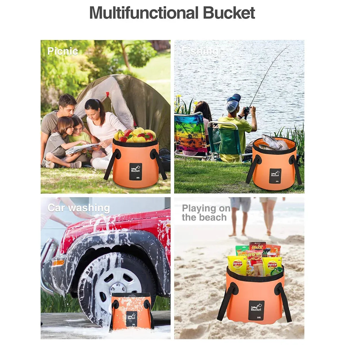 20L Portable Folding Bucket Water Container Camping Hiking Fishing Water Storage - Yellow