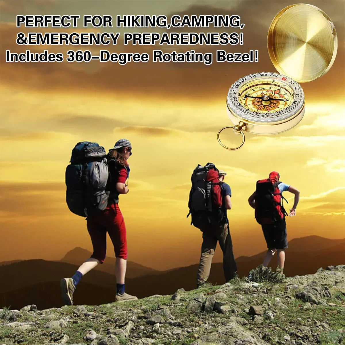 2PCS Copper Compass with Flip Cover and Hook Nightlight Camping Navigation