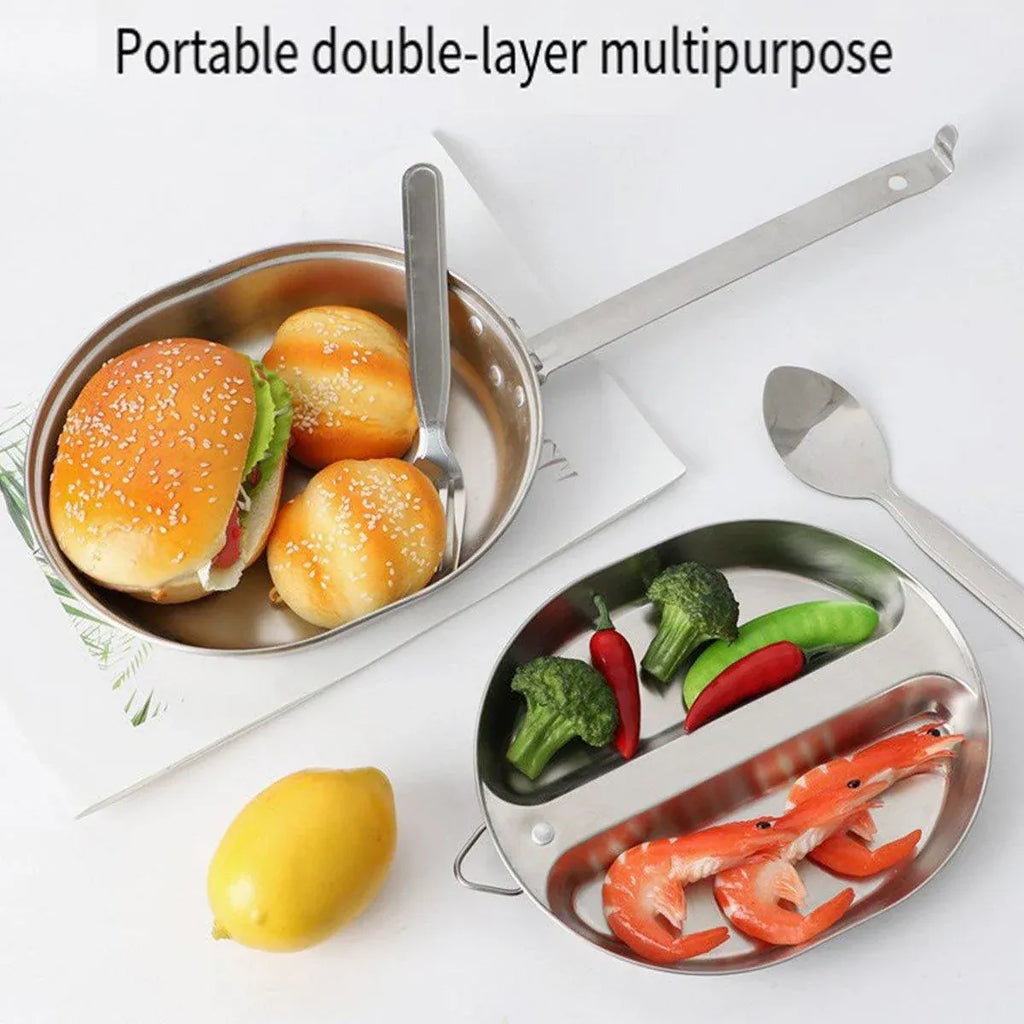 Portable Outdoor Stainless Steel Lunch Box Long Handle Oval Camping Cookware