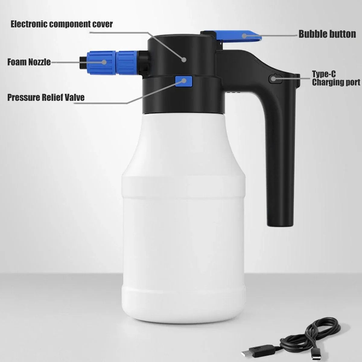 Cordless Electric Foam Sprayer 1.5L USB Rechargeable for Car and Garden, 1 Piece