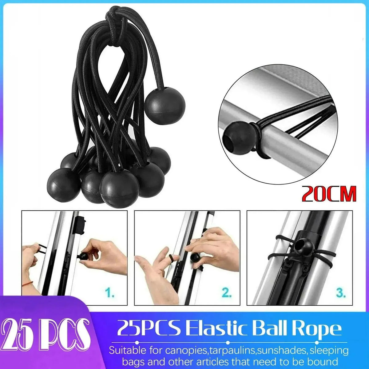 25X Elastic Ball Rope Bungee Cord Tarp Tie Down Strap Camping Tent Luggage Cord