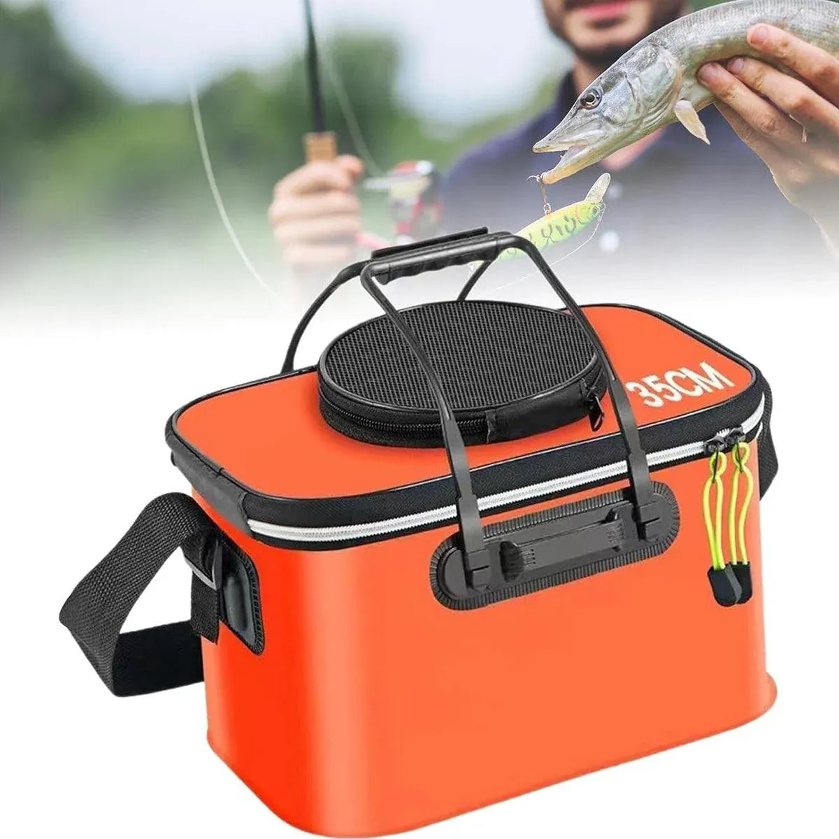 Portable Folding EVA Fishing Bucket Multi Use Live Fish Container with Strap - Black-45cm