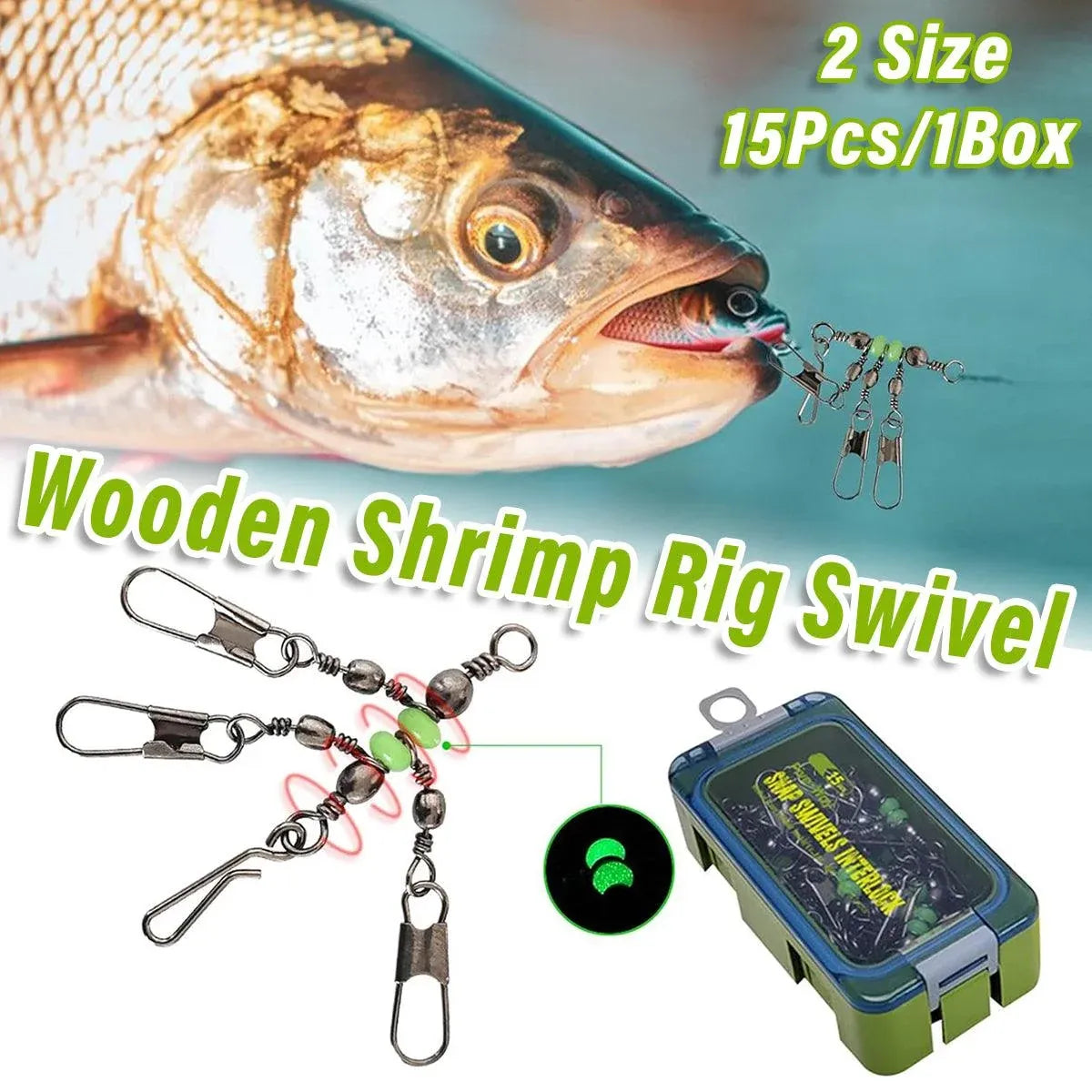 15pcs Wooden Shrimp Fishing Hooks Three Pronged Swivel Tackle Accessories Set - 3.3x4.5cm