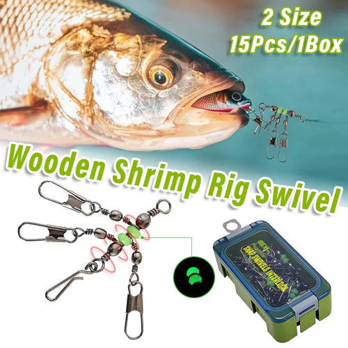 15pcs Wooden Shrimp Fishing Hooks Three Pronged Swivel Tackle Accessories Set - 3.3x4.5cm