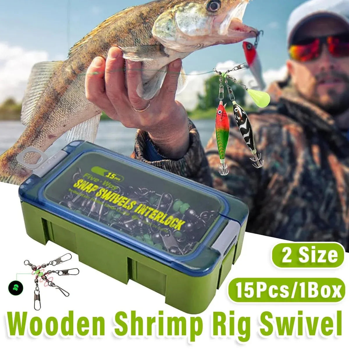 15pcs Wooden Shrimp Fishing Hooks Three Pronged Swivel Tackle Accessories Set - 3.3x4.5cm