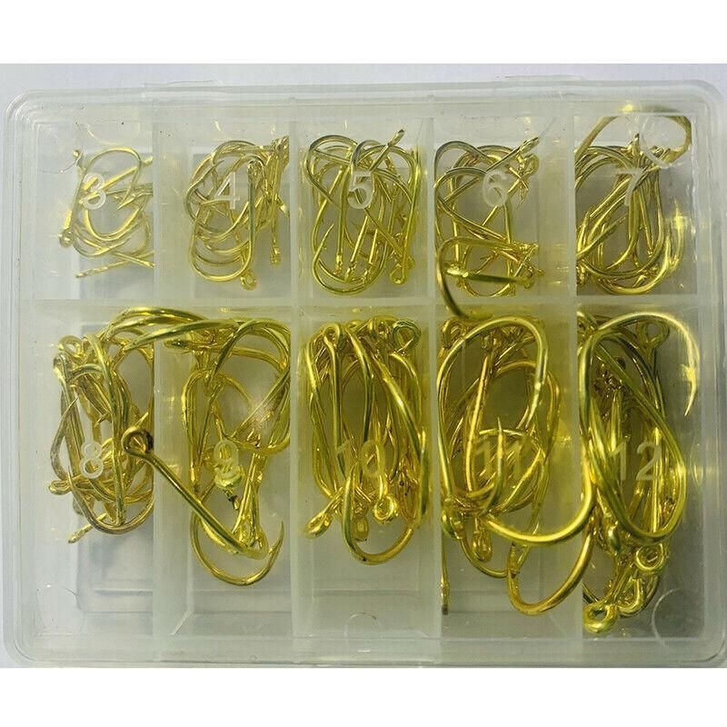 Fishing Hooks Octopus Style 100pcs Chemically Sharpened Assorted Sizes 3-12 - Gold