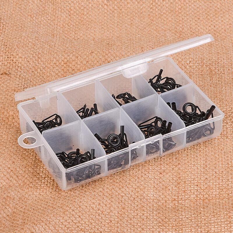 80 Fishing Rod Guide Set Tackle Tips Repair Kits Ring 8 Size Stainless Steel Box